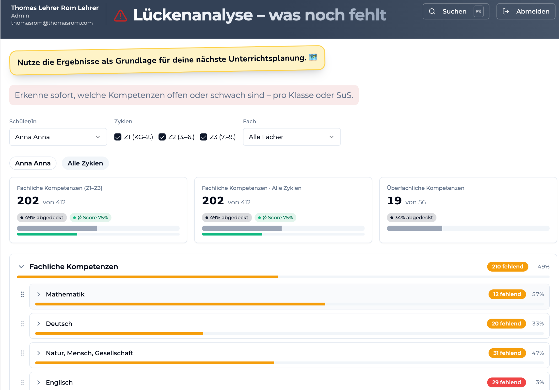 Lückenanalyse in LehrplanCheck: offene und abgedeckte Kompetenzen pro Fach und Schüler:in